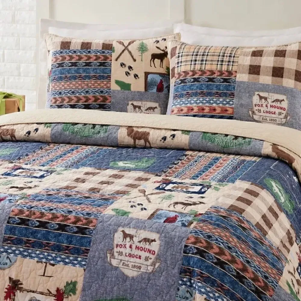 NEW! Wilderness Lodge 100% Cotton KING Quilt Set Cabin Wander Camping Moose Bear